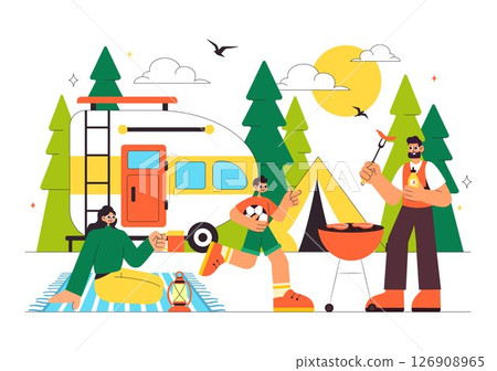 Happy Summer Camping Vector Illustration Featuring a Mountain or Forest Setting for Expedition, Travel, Exploration, and Outdoor Recreation Background 126908965