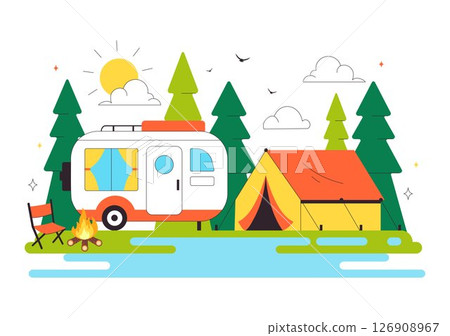 Happy Summer Camping Vector Illustration Featuring a Mountain or Forest Setting for Expedition, Travel, Exploration, and Outdoor Recreation Background 126908967