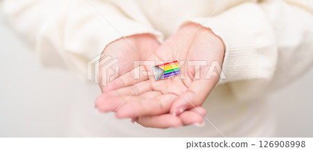 Happy pride month and LGBT or LGBTQ or LGBTQIA with rainbow flag Brooch pin for Lesbian, Gay, Bisexual, Transgender, Queer, Intersex, Non Binary, Marriage Equality Law, Pansexual and Demisexual 126908998