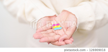 Pansexual Visibility Day and Panromantic May Awareness Day and LGBT pride month concept. hand holding pink, yellow and blue heart shape for Lesbian, Gay, Bisexual, Transgender and Marriage Equality 126909018