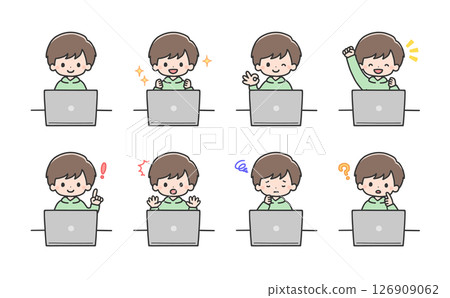 A boy operating a laptop computer with various expressions 126909062