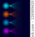 Four glowing sphere emits multiple curved line expanding outward, Multicolor lines representation of energy flow emanating on dark background, Informational Infographic data technology and copy space 126909420