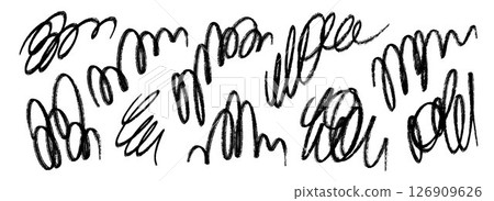 Hand drawn pen scribble set. Freehand rough pencil scrawl collection. Grunge crayon curly doodle line pack. Messy charcoal squiggle brush stroke bundle. Black bold marker sketch swirl. Vector 126909626