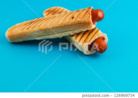 Grilled hot dogs served in toasted sandwich rolls Grilled hot dogs served in toasted sandwich rolls 126909734