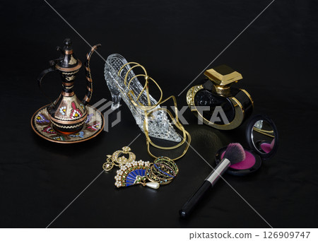 Vintage copper jug, crystal slipper and jewelry 126909747