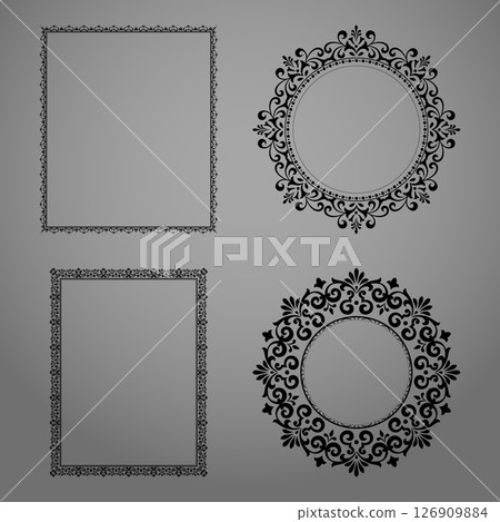 Set of decorative frames Elegant vector element for design in Eastern style, place for text. Floral black and gray borders. Lace illustration for invitations and greeting cards 126909884