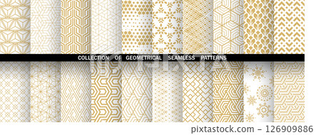 Geometric set of seamless golden and white patterns. Simple vector graphics 126909886