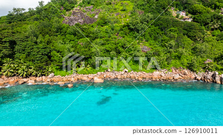 The vibrant meeting of turquoise waters and rugged rocky shores flanked by dense greenery. Praslin, Seychelles. 126910011