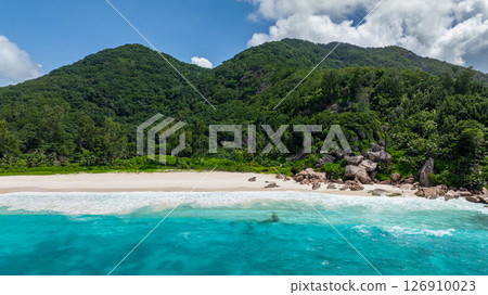 Dense green tropical forest next to a secluded beach with calm blue waters. La Digue, Seychelles. 126910023