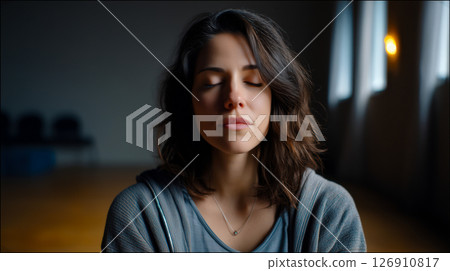 Close-up of a woman meditating and focusing on her breath in a calm indoor environment 126910817