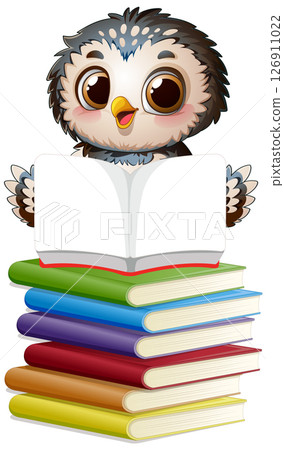 Owl Reading on Colorful Book Stack 126911022