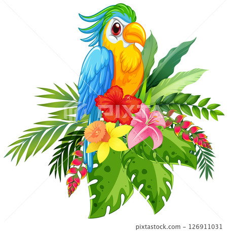 Colorful Parrot with Tropical Flowers Illustration Colorful Parrot with Tropical Flowers Illustration 126911031