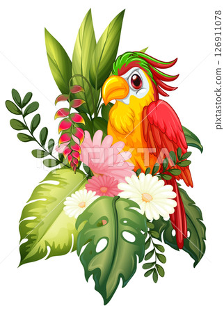 Colorful Parrot with Tropical Floral Arrangement Colorful Parrot with Tropical Floral Arrangement 126911078