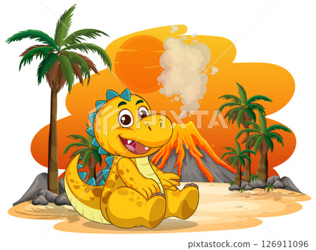 Cheerful Dinosaur in Prehistoric Jungle Scene Cheerful Dinosaur in Prehistoric Jungle Scene 126911096