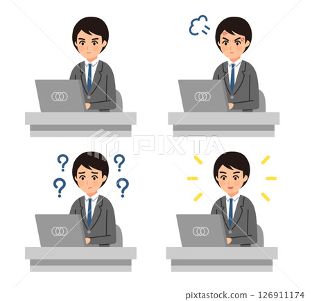 Illustration set of a male office worker using a computer 126911174