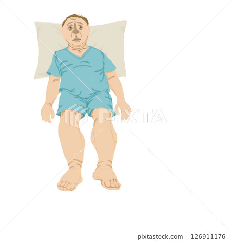 Medical illustration showing symptoms of right heart failure (elderly man, no text) | Visual symptoms such as lower leg edema, distended neck veins, and fluid retention 126911176