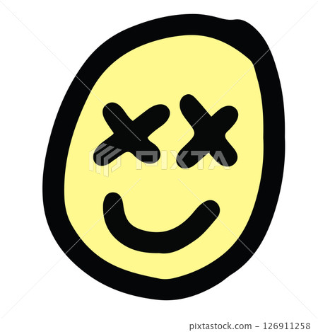 Hand drawn illustration of happy face for sticker, logo, icon, mood, positive vibe, good energy, tattoo, decorations, cute patch, brooch, shirt print, sign, symbol, emoji, expression 126911258