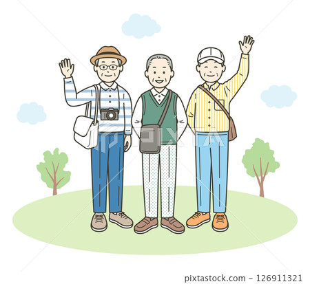 一群友善的老人在旅遊目的地玩得開心的全身插圖 126911321