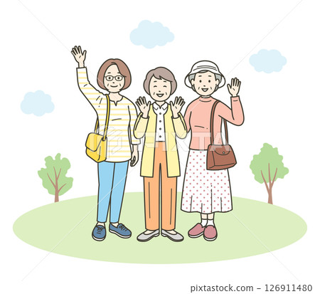 一群友善的老年婦女在旅遊目的地玩得開心的全身插圖 126911480