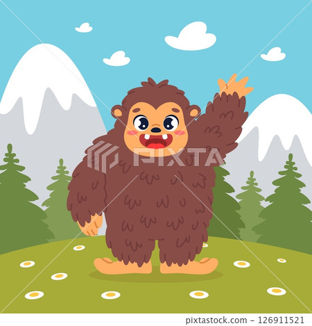 Cartoon bigfoot on nature. Brown funny sasquatch in clearing, fluffy fantasy creation, cute monster waves and smiles, forest landscape, print or poster, mythical animal classy vector concept 126911521