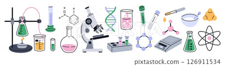 Chemistry tools. Chemical or biological laboratory equipment, test tubes, flasks, microscope, pharmaceutical elements, lab glassware flat isolated elements garish vector scientific set Chemistry tools. Chemical or biological laboratory equipment, test tubes, flasks, microscope, pharmaceutical elements, lab glassware flat isolated elements garish vector scientific set 126911534