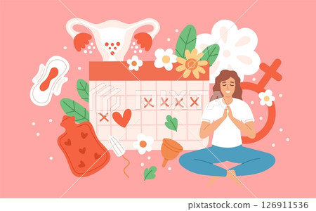 Critical days schedule. Menstrual calendar, female cycle control, ovulation and pregnancy tracking, pms syndrome, woman meditation, panties, pads and tampons garish vector concept Critical days schedule. Menstrual calendar, female cycle control, ovulation and pregnancy tracking, pms syndrome, woman meditation, panties, pads and tampons garish vector concept 126911536