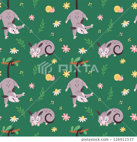 Cute possum seamless pattern. Funny little opossum, repeated animal characters, different poses, happy rodent. Textile, wrapping , wallpaper. Print for fabric garish vector background Cute possum seamless pattern. Funny little opossum, repeated animal characters, different poses, happy rodent. Textile, wrapping , wallpaper. Print for fabric garish vector background 126911537