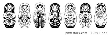 Matryoshka doll icons. Engraving style, russian dolls black and white silhouette, traditional folk toys with flower pattern, decorative traditional wooden girls, garish vector isolated set Matryoshka doll icons. Engraving style, russian dolls black and white silhouette, traditional folk toys with flower pattern, decorative traditional wooden girls, garish vector isolated set 126911543