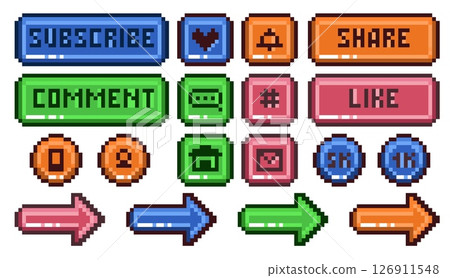 Social media pixel buttons. Retro games style app interface, like, subscribe, share and comment, interactive navigation functions, game development, mobile app qualitative vector set 126911548