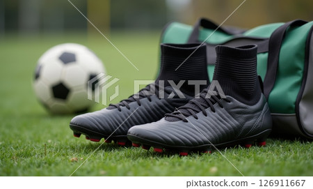 Black soccer cleats next to sports bag on grass for football preparation Black soccer cleats next to sports bag on grass for football preparation 126911667