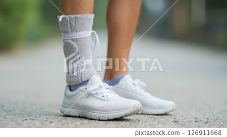 Orthopedic splint next to white sneakers close-up on neutral surface Orthopedic splint next to white sneakers close-up on neutral surface 126911668