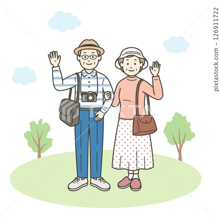 A full-body illustration of a friendly elderly couple having fun on a trip 126911722