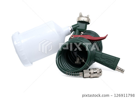 Professional Spray Gun and Hose Equipment Set Isolated on White Background Professional Spray Gun and Hose Equipment Set Isolated on White Background 126911798