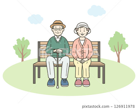 A full-body illustration of a friendly elderly couple relaxing on a bench 126911978