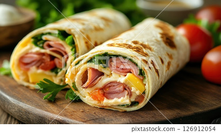 Ham and cheese wrap with smoked ham, Swiss cheese, and fresh vegetables, rolled in a whole wheat tortilla 126912054