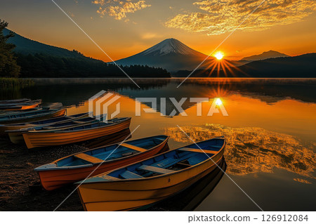 boats are resting on the shore in Japan is Lake Kawaguchiko, Mount Fuji with its morning baclground . 126912084