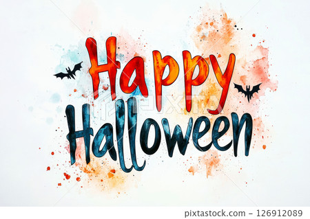 Happy Halloween sign poster decorated with ghost and fairy lights Illustration. 126912089