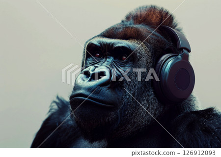 Gorilla Wearing Headphones on isolated background.ai generative Gorilla Wearing Headphones on isolated background.ai generative 126912093