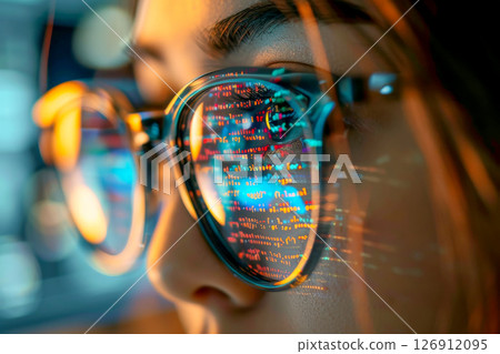 woman wear glasses looking Code Projected on Face and Reflecting. Software Developer Working on Innovative e-Commerce. ai generative woman wear glasses looking Code Projected on Face and Reflecting. Software Developer Working on Innovative e-Commerce. ai generative 126912095