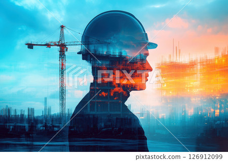 Double exposure of construction worker wearing safety helmet with urban skyline isolated on transparent background. 126912099