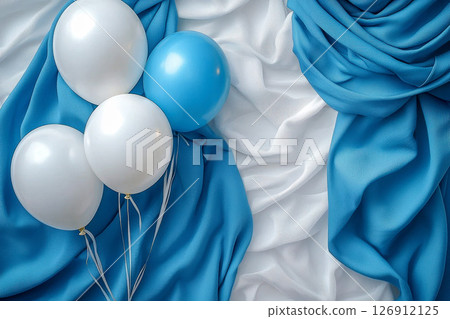 A curtain with white and blue balloons on it. celebration party concept. 126912125