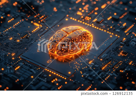 A glowing digital brain displayed on a circuit board symbolizing advanced AI technology. 126912135
