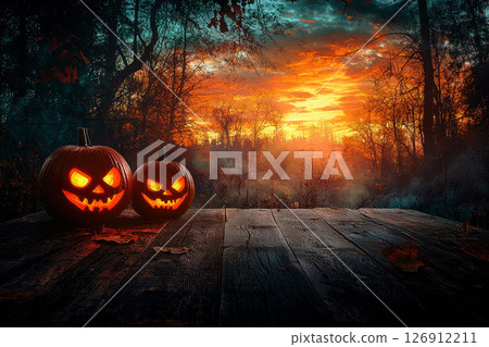 scary halloween Pumpkin Out Of A Graveyard cemetery dark Night full moon bats on tree. Holiday event halloween banner background concept. 126912211