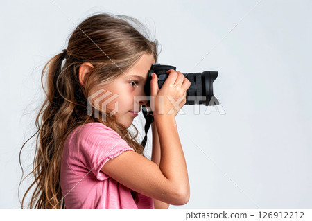 a girl photographer holding DSLR camera take photo , word international photo day concept 126912212