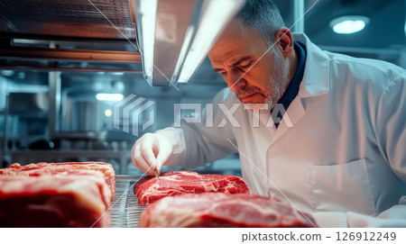 Scientist analyzing cultured meat samples in petri dishes, lab-grown meat, sterile lab environment, biotechnology 126912249