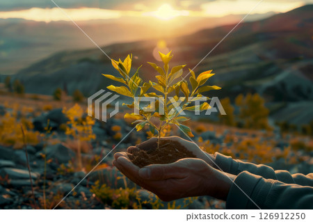 hand children holding plant with sunlight on green nature background. concept eco earth day, Generative Ai 126912250