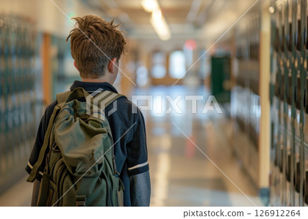 Black boy with backpack in school lockers hall, student boy. back to school concept , Generative AI Black boy with backpack in school lockers hall, student boy. back to school concept , Generative AI 126912264