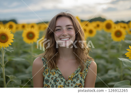 A woman standing with a sunflower field in the background A woman standing with a sunflower field in the background 126912265