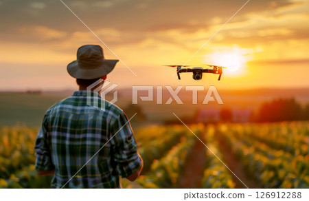 Man controlling drone in smart agriculture farm, smart farm concept. ai generative 126912288