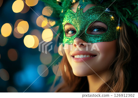 Young girl wearing a green carnival mask with feather decoration. Young girl wearing a green carnival mask with feather decoration. 126912302